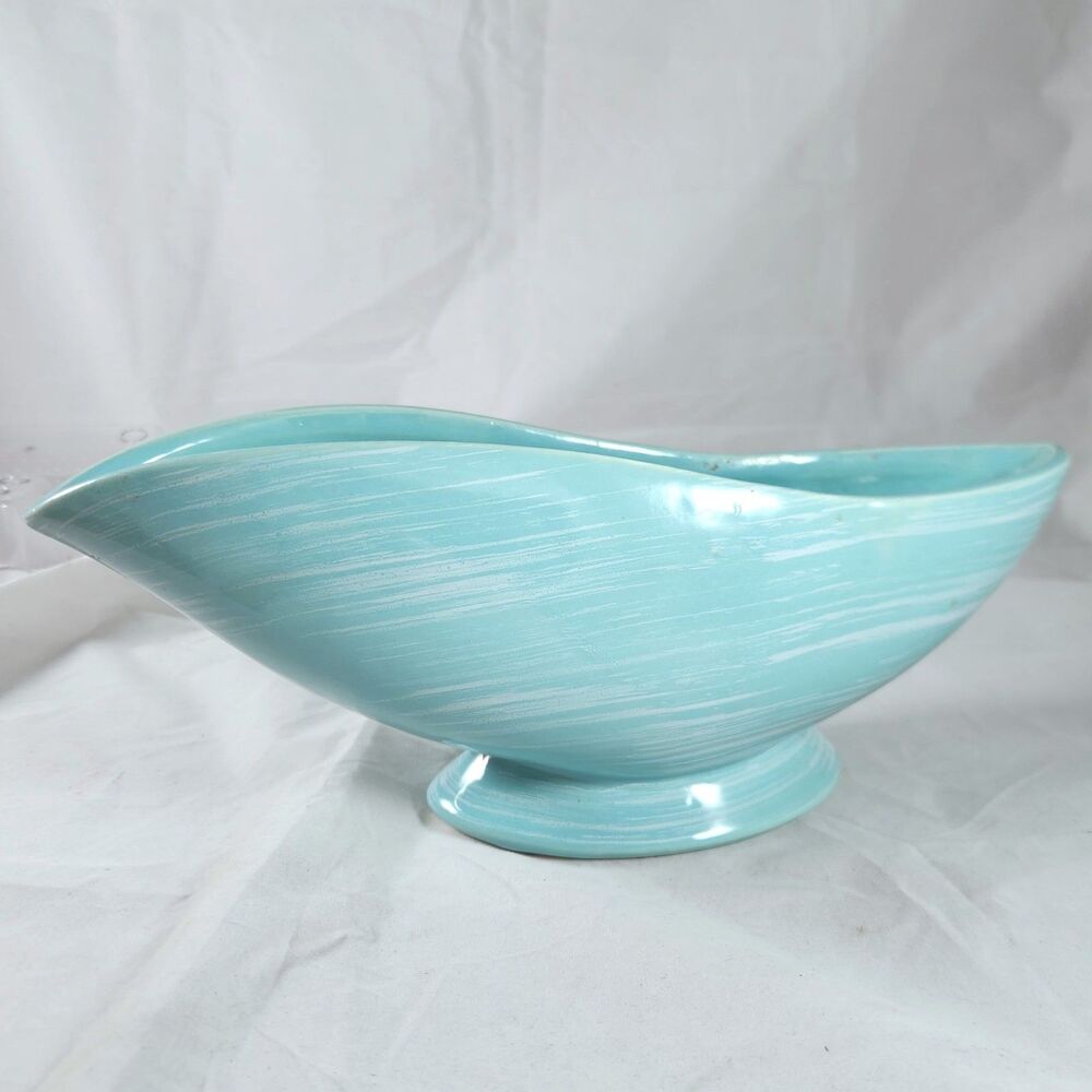 McCoy Pottery Harmony Line Turquoise Aqua Blue Pedestal Planter Boat Bowl